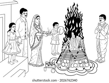 Indian clip art of Holika Dahan or Holi clip art Illustration. Indian Hinduism religious festival Holi or Holika black and white symbol. 