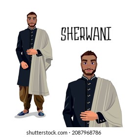 Indian Clothes, Mens Suit In India.Sherwani. Vector