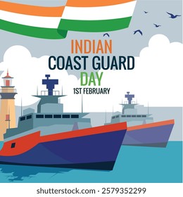 Indian Coast Guard Day 1st February, Tricolor background, Social Media Design Square Post Vector Template