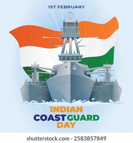 Indian Coast Guard Day 1st February, Indian Coast Guard patrolling surveillance boats, vector illustration, vector Template