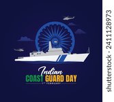 Indian Coast Guard Day is observed on 1 February every year to honor the important role that the organization plays Editable Vector Illustration, Indian Coast Guard patrolling surveillance boats
