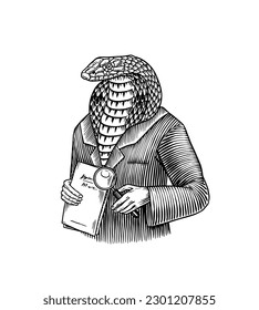 Indian cobra character in a suit. Fashion explorer snake. Gentleman in a jacket. Animal in Retro Clothing. Vintage engraving style. Hand drawn sketch for typography, logo avatar or T-shirts.
