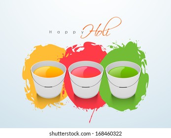 Indian color festival Holi background with buckets with full of colours on grungy colors splash background. 