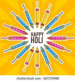 Indian color festival Holi background with stylish text and decorated pichkari.