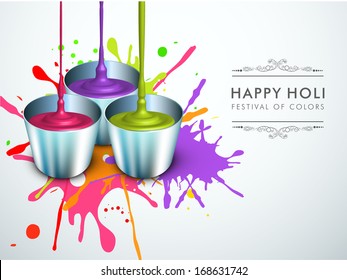 Indian color festival Holi celebration concept with buckets with full of colors on grey background. 