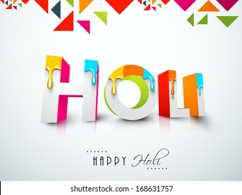 Indian color festival Holi celebration background with stylish 3D text Holi decorated by paint colour on abstract background. 