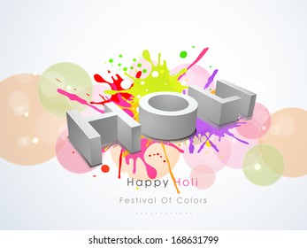 Indian color festival Holi celebration background with stylish 3D text on colourful shiny background. 