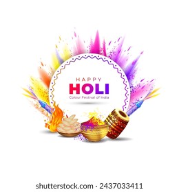 Indian Color festival Holi celebration background. Happy Holi text with Color splash food and Holika dahan.