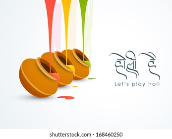 Indian color festival Holi concept with traditional mud pots with full of colors and text Holi Hai on grey background. 