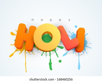 Indian color festival Holi concept with glossy colorful text on colors splash blue background. 