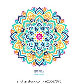 Indian colorful; mandala ornamentation design. Asian traditional mehandi style decor. EPS 10 vector illustration isolated on the white background.