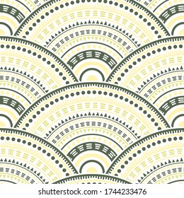 Indian concentric elements fabric print vector seamless pattern. Tribal motifs hippie repeating scallops. Eastern asian ethnic mandala shapes seamless geometric motifs pattern.