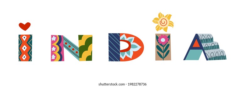 Indian country name, set of letters in cartoon decorative pattern. Vintage text with flowers, sun, heart elements vector illustration. Tourism in India travel symbols for flyer or poster.