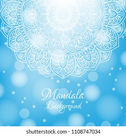 Indian country ornament illustration concept. Ethnic & Colorful Henna Mandala design, on festive and glitter bokeh background.