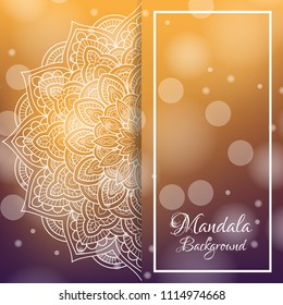 Indian country ornament illustration concept. Ethnic & Colorful Henna Mandala design, on festive and glitter bokeh background.