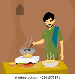 Indian Countryside man cooking at traditional kitchen, preparing meals.