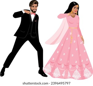 La pareja india con hermosos vestidos de boda baila el baile nacional El novio con un traje oscuro con una corbata de arco La novia en un hermoso sari de boda rosa con un patrón Vector