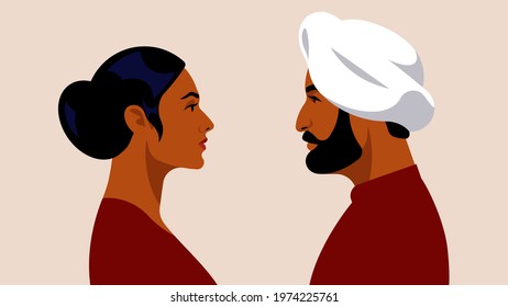 Indian couple. Beautiful woman with hairstyle and indian sikh man in turban. Welcome To India. Two people isolated on white background. Modern vector portraits. 