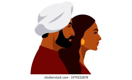 Indian couple. Beautiful woman with hairstyle and indian sikh man in turban. Welcome To India. Two people are standing together on white background. Side view. Modern vector portraits. 