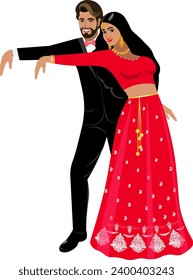 Indian couple bride and groom dancing at wedding in beautiful costumes Vector
​