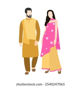 Indian couple caricature illustration vector design for Indian wedding invitations like mehendi, haldi, sangeet, bhaat and maayra