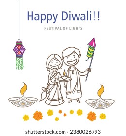 
 Indian Couple celebrate Diwali festival vector contemporary line art illustration