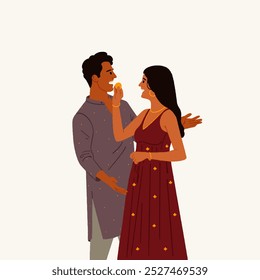 Pareja india que celebra la Ilustración vectorial del Festival de Diwali, Arte vectorial editable para el diseño del Anuncio de Diwali, cartel y diseño del embalaje    