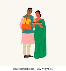 Pareja india que celebra el festival de Diwali con cajas de regalo y Ilustración vectorial de Diyas, Arte vectorial editable para el diseño del Anuncio de Diwali, cartel y diseño del embalaje    