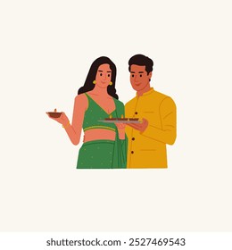 Pareja india que celebra la Ilustración vectorial de Diyas del Festival de Diwali, Arte vectorial editable para el diseño del Anuncio de Diwali, cartel, y diseño del embalaje    