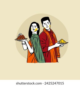 Indian couple celebrating Holi festival, playing with colours editable hand drawn style vector illustration 