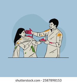 Indian couple celebrating Holi festival, hand-drawn style vector illustration, People playing with colours in Holi Indian festival. 