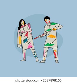 Indian couple celebrating Holi festival, hand-drawn style vector illustration, People playing with colours in Holi Indian festival. 