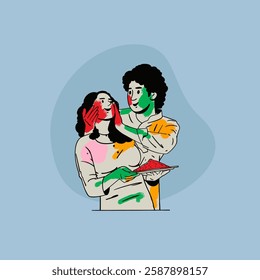 Indian couple celebrating Holi festival, hand-drawn style vector illustration, People playing with colours in Holi Indian festival. 