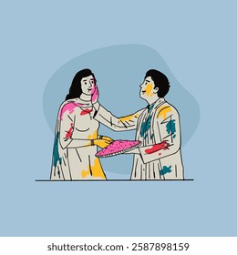 Indian couple celebrating Holi festival, hand-drawn style vector illustration, People playing with colours in Holi Indian festival. 