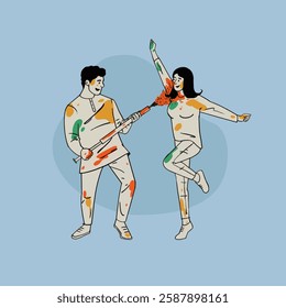 Indian couple celebrating Holi festival, hand-drawn style vector illustration, People playing with colours in Holi Indian festival. 