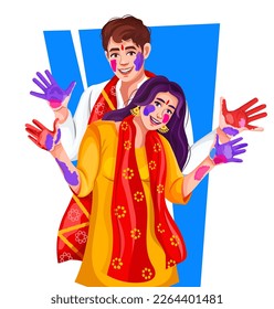 Indian couple celebrating Holi showing their colored hands isolated over white background. Color splash showing colorful or painted palm. Playing Holi on an ethnic costume, vector illustration design.