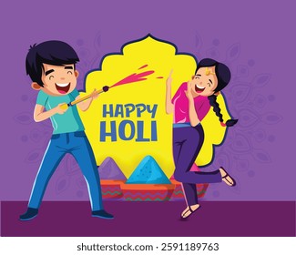Indian couple celebrating Holi showing their colored hands isolated over white background. Color splash showing colorful or painted palm. Playing Holi on an ethnic costume, vector illustration design.