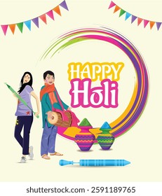 Indian couple celebrating Holi showing their colored hands isolated over white background. Color splash showing colorful or painted palm. Playing Holi on an ethnic costume, vector illustration design.