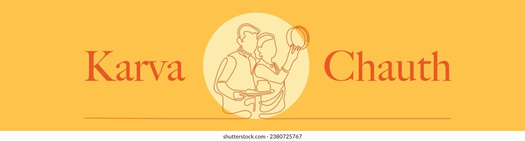 indian couple celebrating karwa chauth single line drawing vector