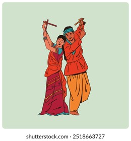 Indian couple celebrating Navratri festival, Dancing Garba dancing pose.