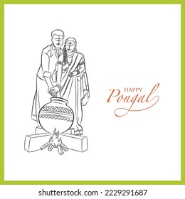 indian couple celebrating pongal festival vector line drawing