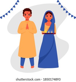 Indian Couple Character With Lit Oil Lamps (Diya) Plate In Welcome Pose.