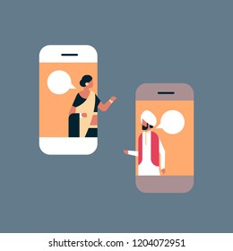 indian couple chat bubble mobile application online communication concept speech dialogue indian man woman cartoon character portrait horizontal flat vector illustration