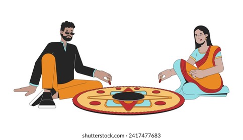Indian couple creating kolam 2D linear cartoon characters. Custom family isolated line vector people white background. Hindu festival of lights Deepawali celebrating color flat spot illustration