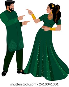 An Indian couple dances at a wedding in beautiful dark green costumes with a pattern  During the dance, the bride and groom point their hands at each other Vector