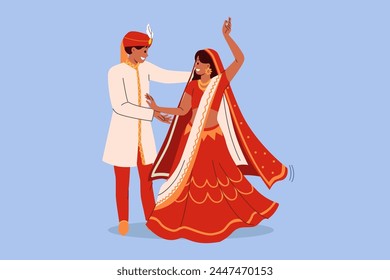 Indian couple dances wedding dance in national clothes, performing traditional rite of hindi culture. Wedding ceremony of indian bride and groom rejoicing in creation of new family