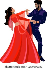 La pareja india bailando maravillosamente en la boda Novia con vestido rojo Groom con traje azul oscuro Vector