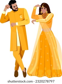 La pareja india baila el primer baile en su boda en los trajes de boda elegantes recién casados Groom con traje de oro amarillo novia en sari de color dorado con patrón floral Vector