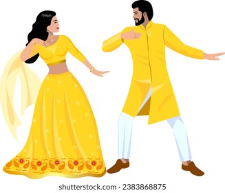 Indian couple dancing first dance at wedding Bride and groom in yellow wedding suits Vector