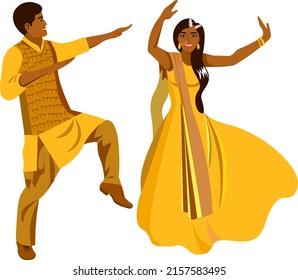 Pareja india bailando folclórica en un hermoso vestido nacional Ilustración vectorial adecuada para invitaciones de boda y fiestas de Bollywood